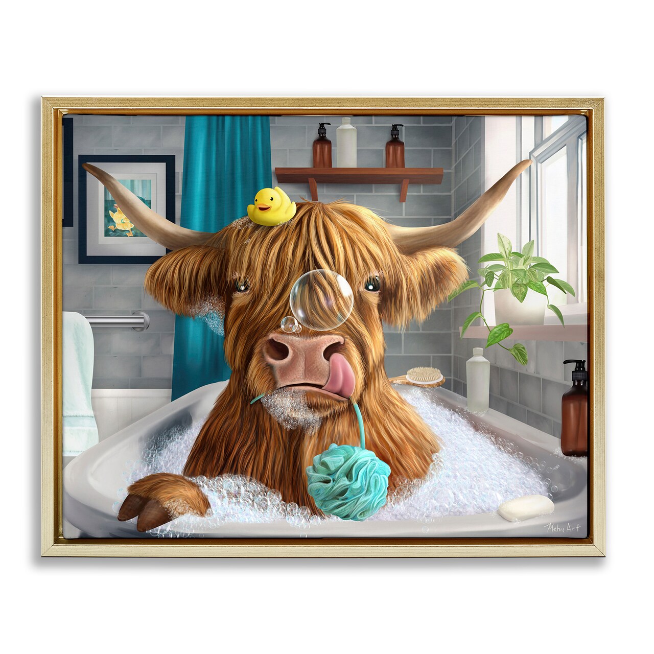 Stupell Industries Highland Cow Bubble Bath Floater Framed Canvas Wall Art Design by Mehu Art